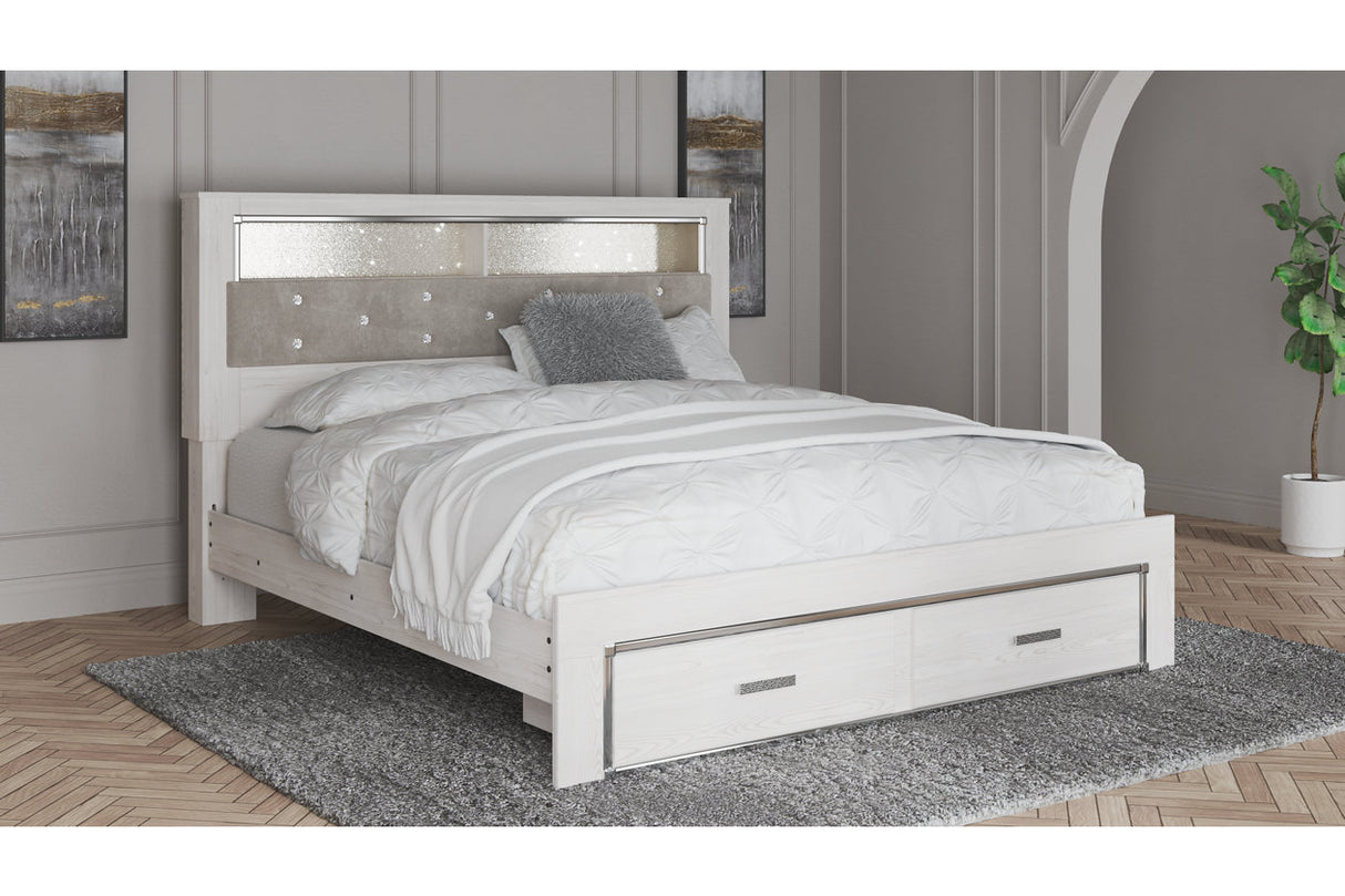Altyra White King Upholstered LED Bookcase Storage Platform Bed from Ashley - Luna Furniture