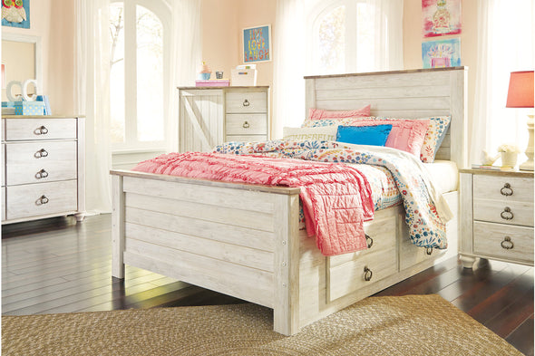 Willowton Whitewash Full Panel Bed with 2 Storage Drawers
