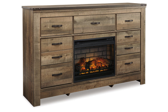 Trinell Brown Dresser with Electric Fireplace
