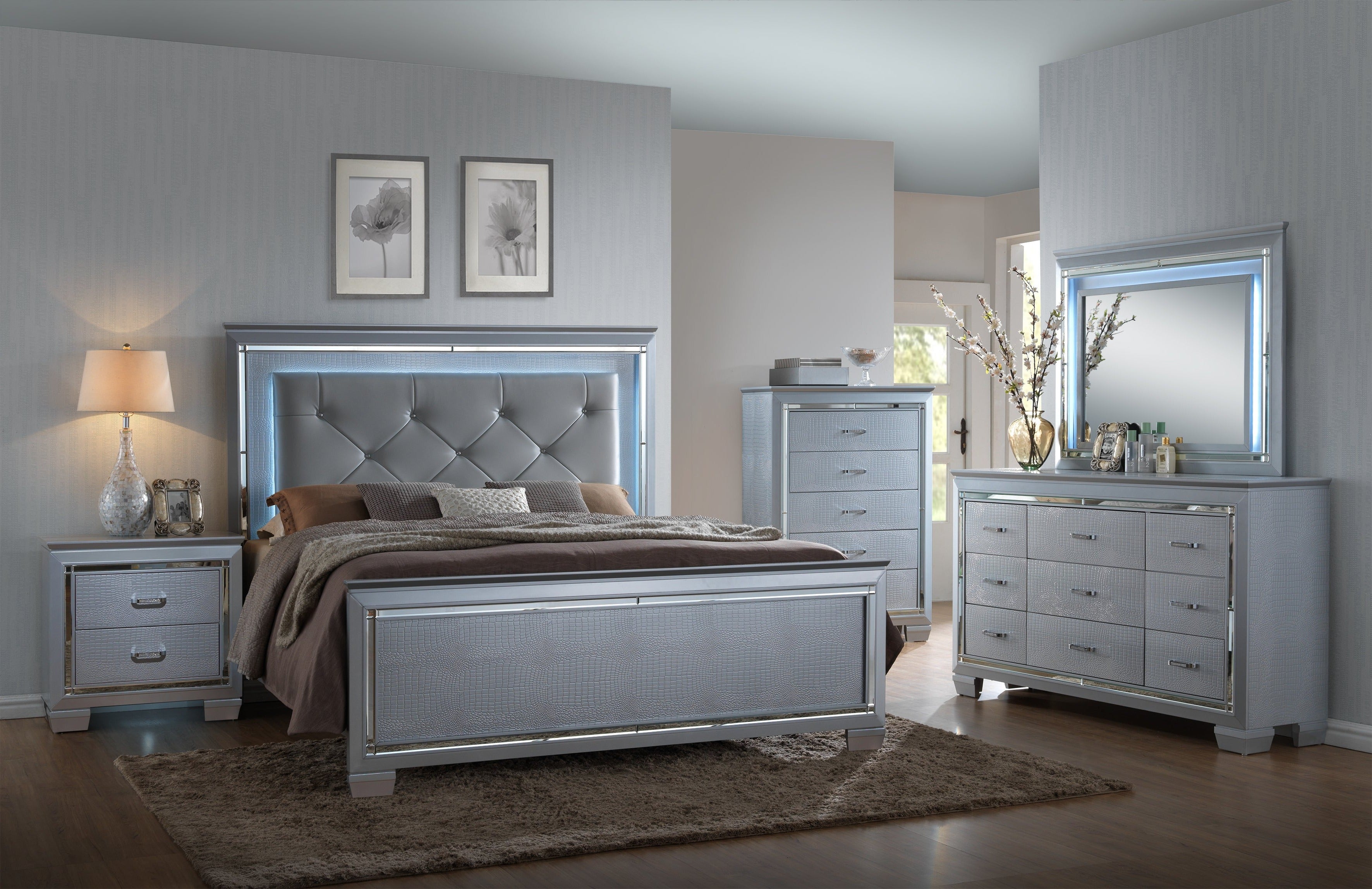 Silver Upholestered Bedroom Set Luna Furniture from Crown Mark