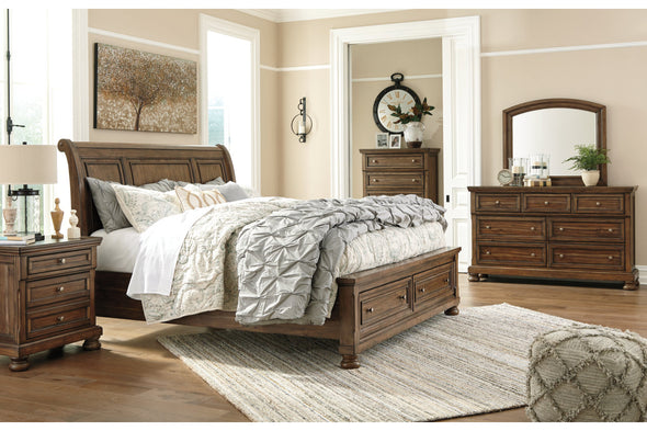 Flynnter Medium Brown Queen Sleigh Bed with 2 Storage Drawers