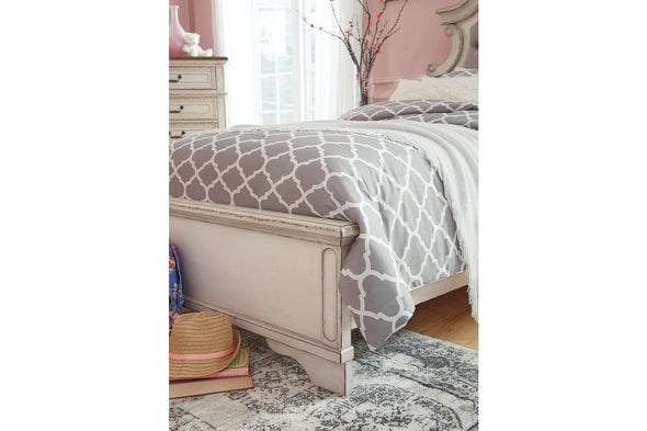 Realyn Chipped White King Upholstered Panel Bed