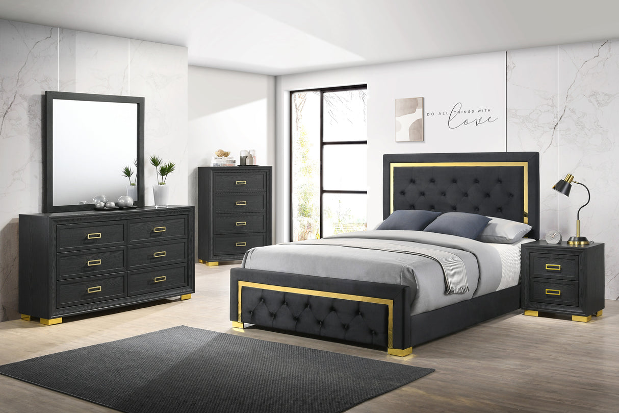 Pepe Black/Gold Queen Panel Upholstered Bed from Crown Mark - Luna Furniture
