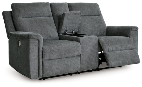 Barnsana Gravel Power Reclining Loveseat with Console from Ashley - Luna Furniture