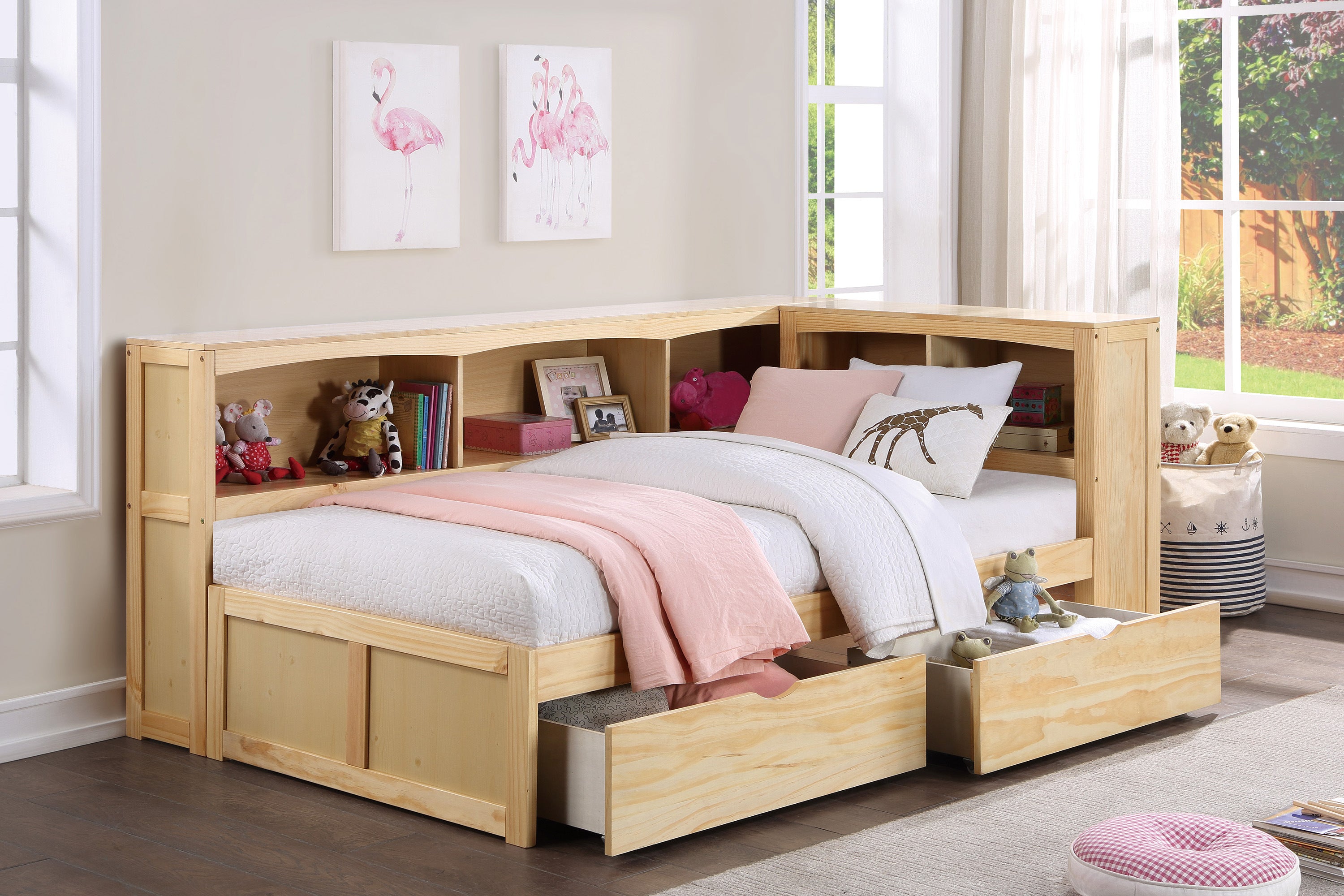 Bartly Pine Twin Bookcase Corner Bed with Storage Boxes from Homelegance - Luna Furniture