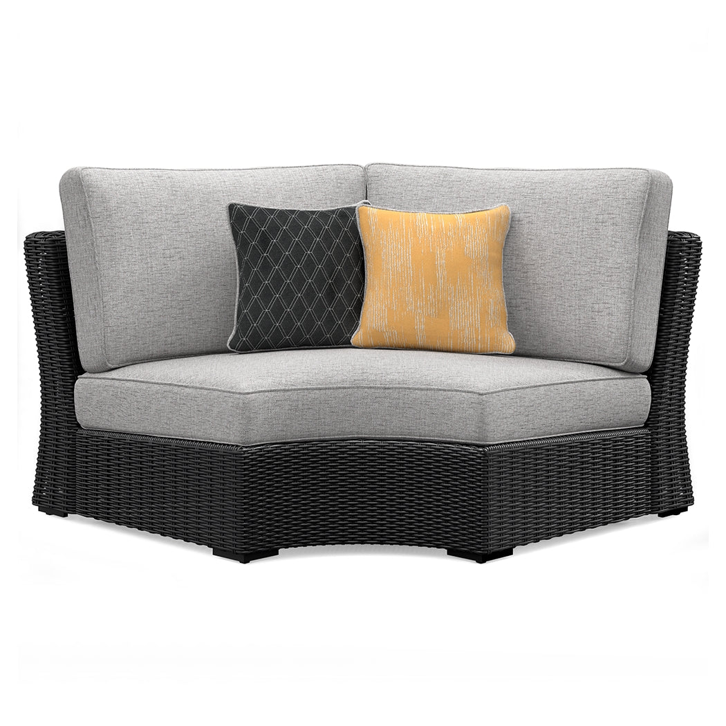 Beachcroft Black/Light Gray Outdoor Curved Corner Chair with Cushion from Ashley Furniture - Luna Furniture