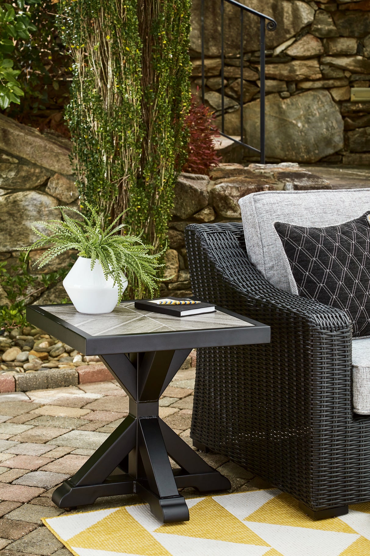 Beachcroft Black/Light Gray Outdoor End Table from Ashley - Luna Furniture