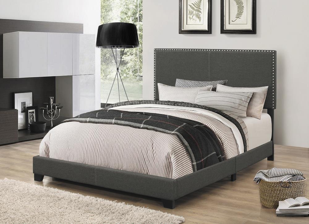 Boyd Charcoal Upholstered Eastern King Bed with Nailhead Trim from Coaster - Luna Furniture