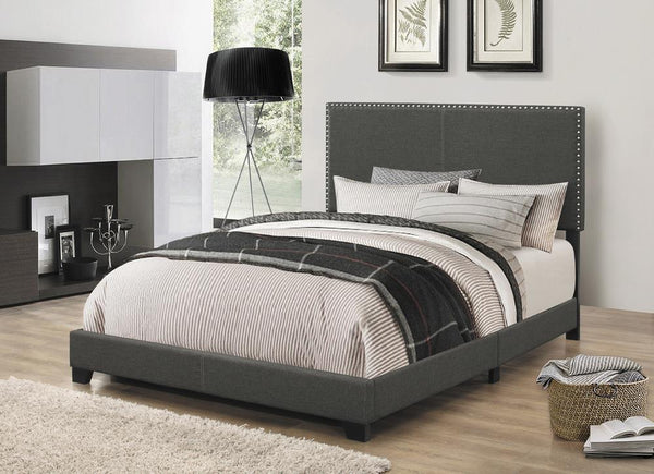 Boyd Charcoal Upholstered Eastern King Bed with Nailhead Trim