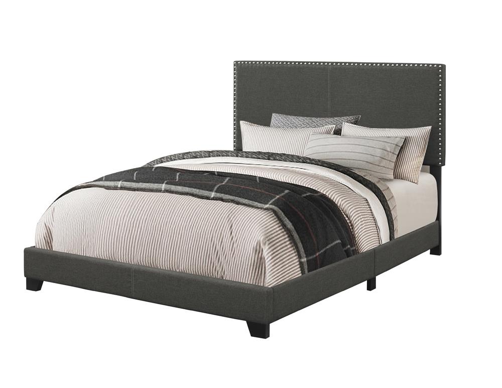 Boyd Charcoal Upholstered Eastern King Bed with Nailhead Trim from Coaster - Luna Furniture