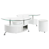 Buckley White High Gloss Curved Glass Top Coffee Table with Stools from Coaster - Luna Furniture