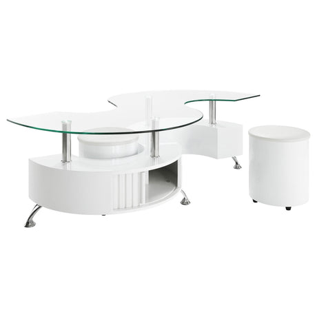 Buckley White High Gloss Curved Glass Top Coffee Table with Stools from Coaster - Luna Furniture