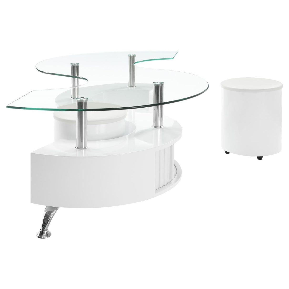 Buckley White High Gloss Curved Glass Top Coffee Table with Stools from Coaster - Luna Furniture