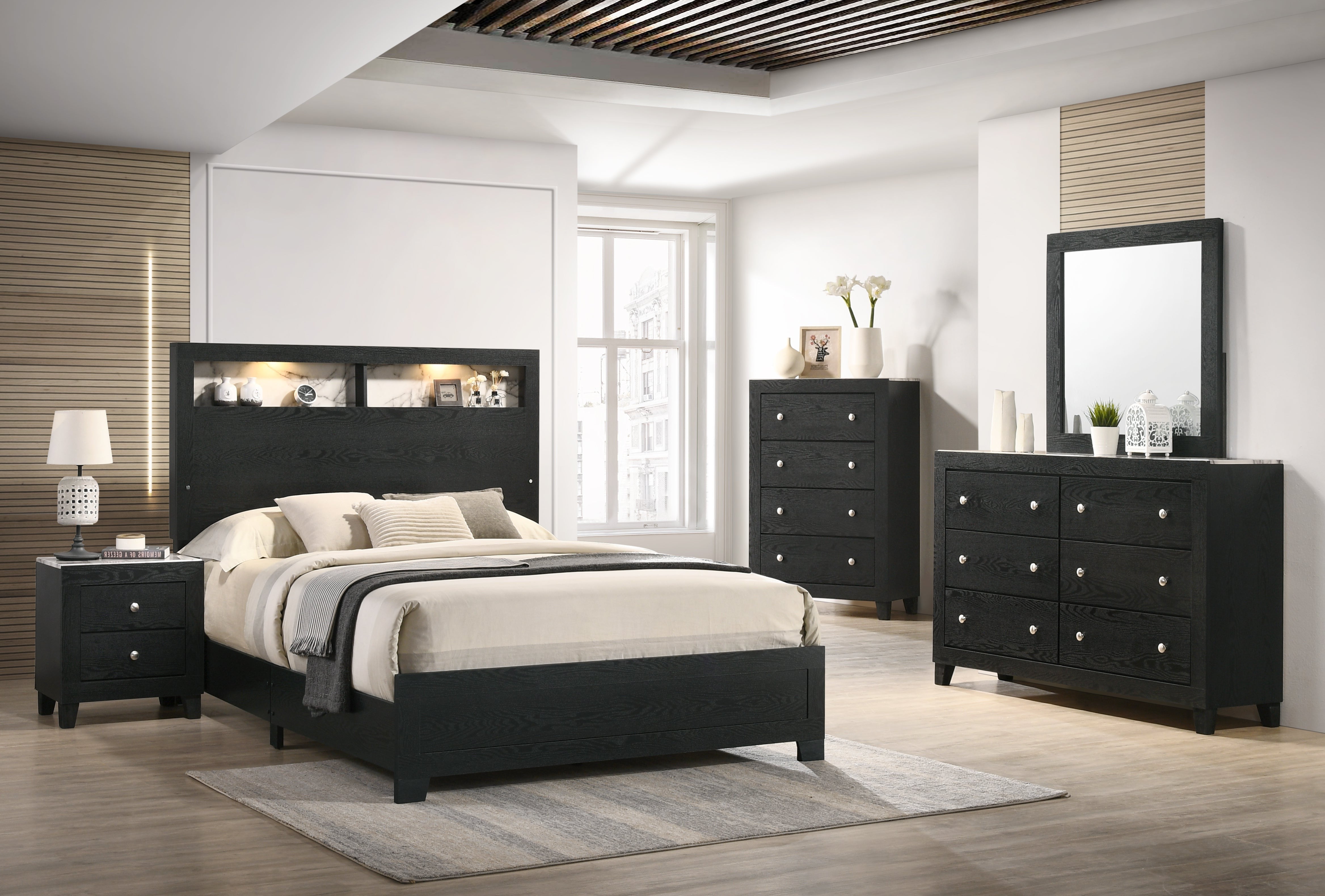 black bedroom dresser sets Crown Mark Cadence Black LED Panel Bedroom Set