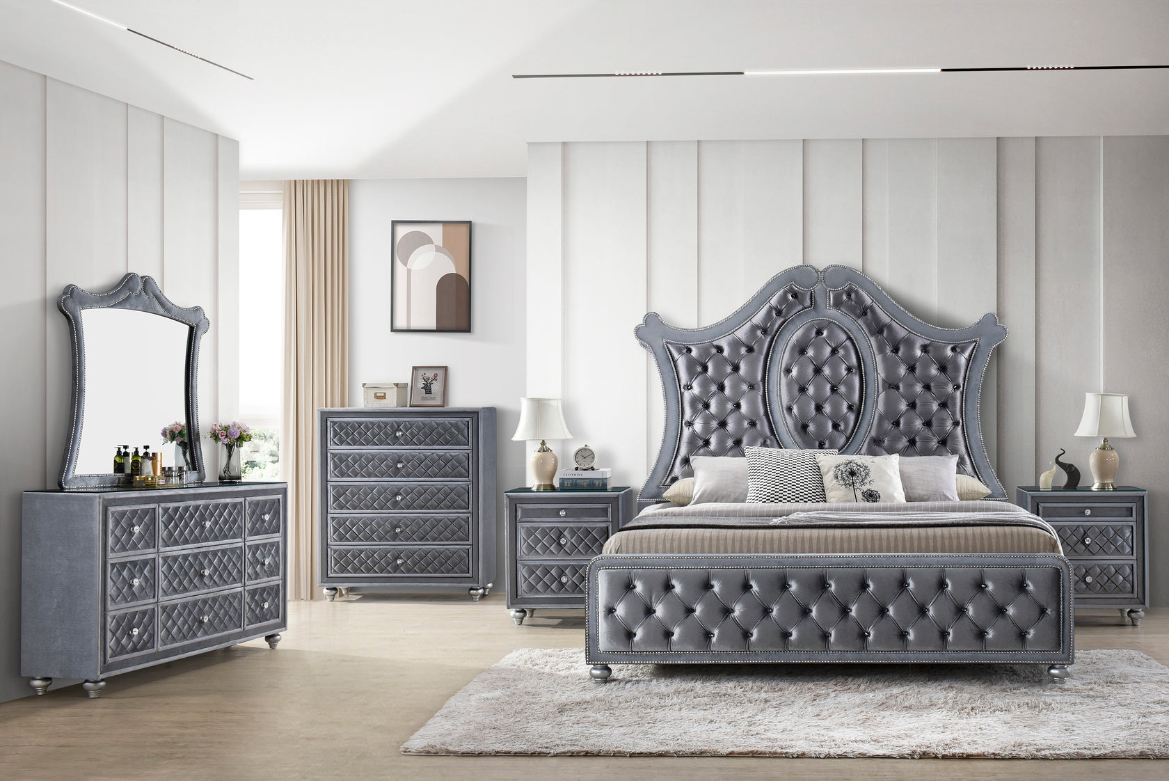 Cameo Gray Upholstered Panel Bedroom Set from Crown Mark - Luna Furniture
