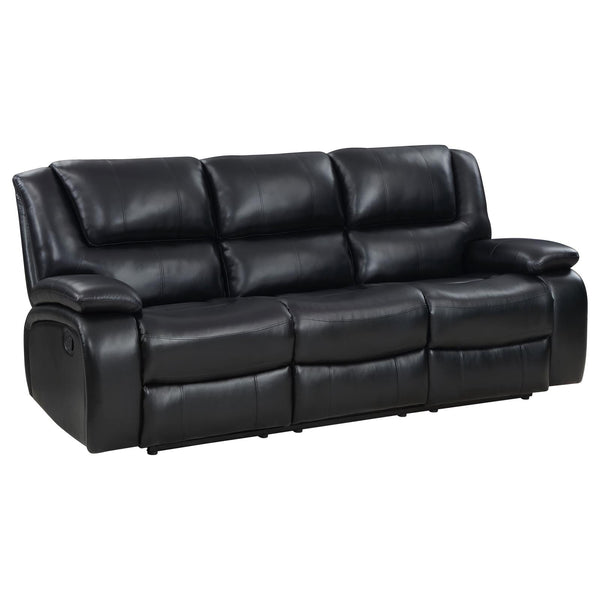 Camila Black Upholstered Motion Reclining Sofa