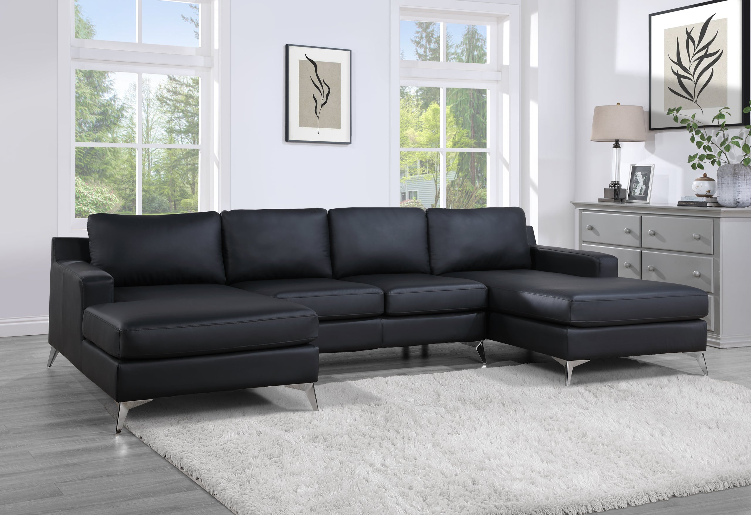 Candace Black Double Chaise Sectional - Luna Furniture