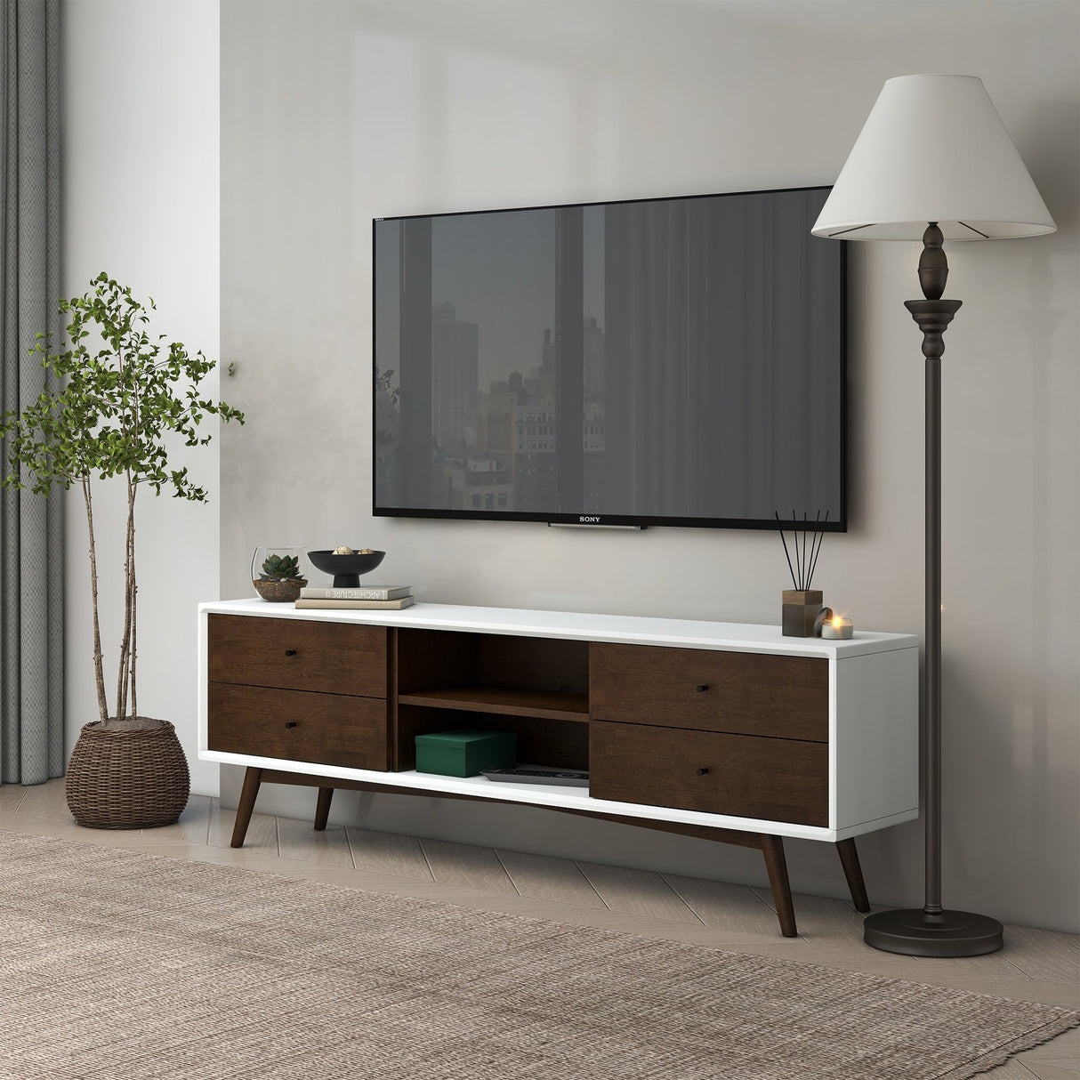 Caroline Mid Century Modern Style Walnut White TV Stand up to 72" from Midinmod - Luna Furniture