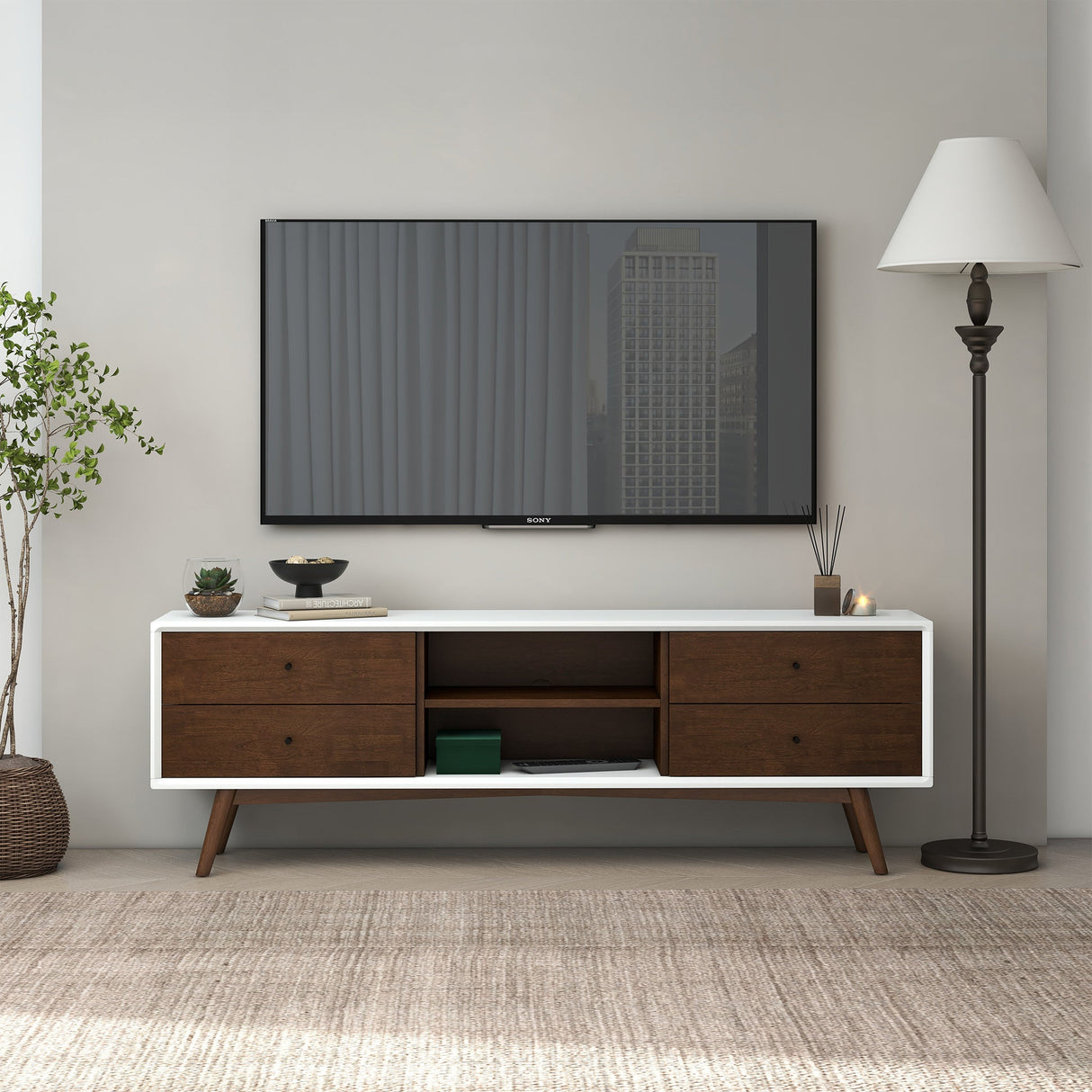 Caroline Mid Century Modern Style Walnut White TV Stand up to 72" from Midinmod - Luna Furniture