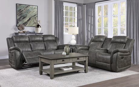 Centeroak Brownish Gray Double Reclining Loveseat with Center Console from Homelegance - Luna Furniture