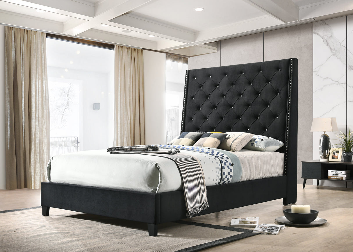 Chantilly Black Velvet Queen Upholstered Bed from Crown Mark - Luna Furniture