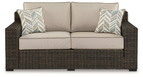 Coastline Bay Brown Outdoor Loveseat with Cushion from Ashley - Luna Furniture