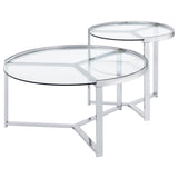 Delia Clear and Chrome 2-Piece Round Glass Top Nesting Coffee Table from Coaster - Luna Furniture