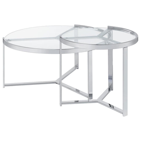 Delia Clear and Chrome 2-Piece Round Glass Top Nesting Coffee Table from Coaster - Luna Furniture