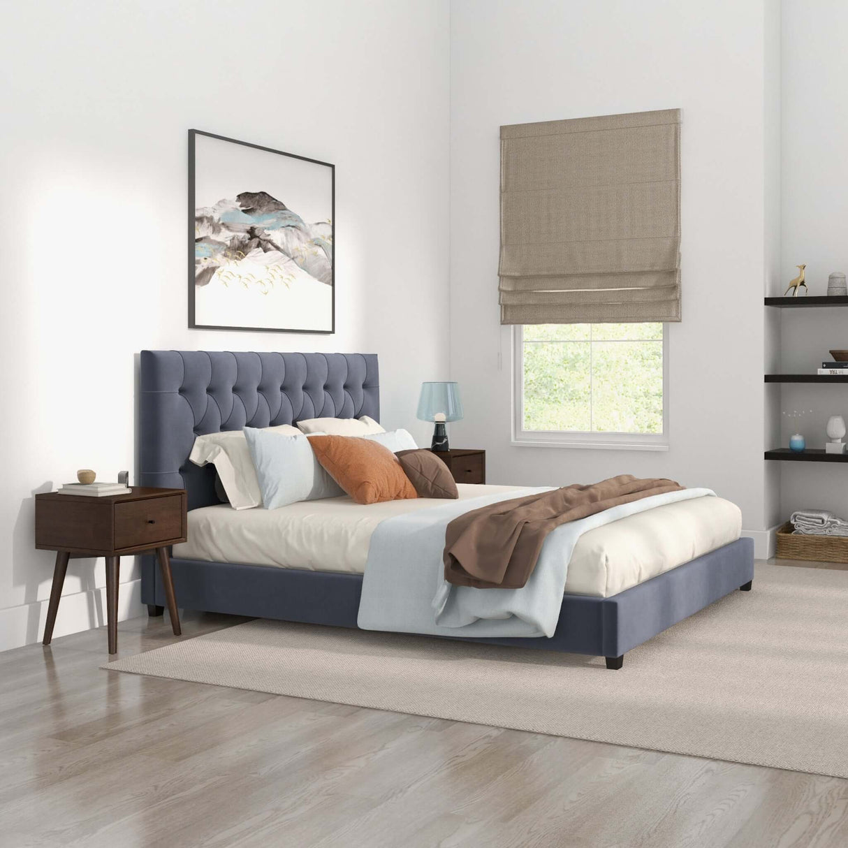 Donald Upholstered Platform Bed Queen / Cognac from Midinmod - Luna Furniture