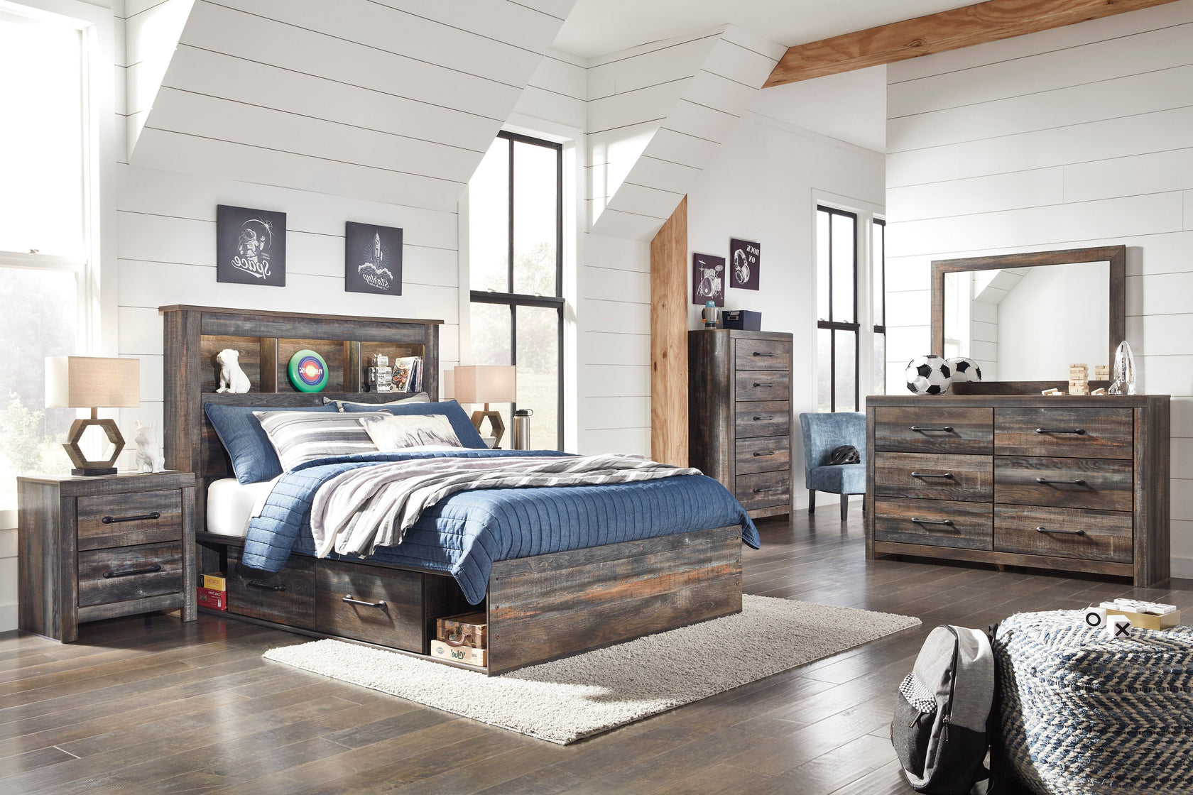 Drystan Multi LED Bookcase Storage Youth Platform Bedroom Set with 2 Drawers from Ashley - Luna Furniture