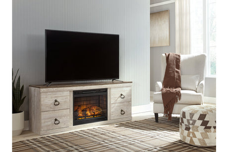 Willowton Whitewash TV Stand with Electric Fireplace from Ashley - Luna Furniture