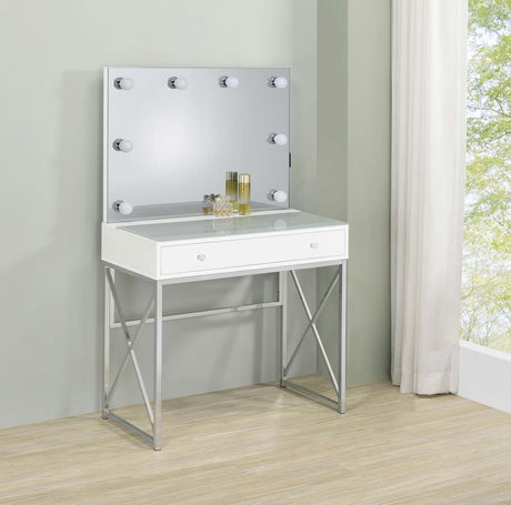 Eliza White and Chrome 2-Piece Vanity Set with Hollywood Lighting from Coaster - Luna Furniture