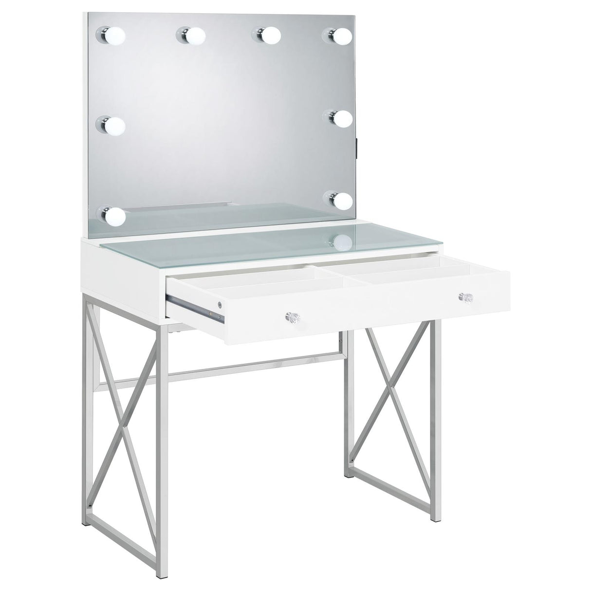 Eliza White and Chrome 2-Piece Vanity Set with Hollywood Lighting from Coaster - Luna Furniture