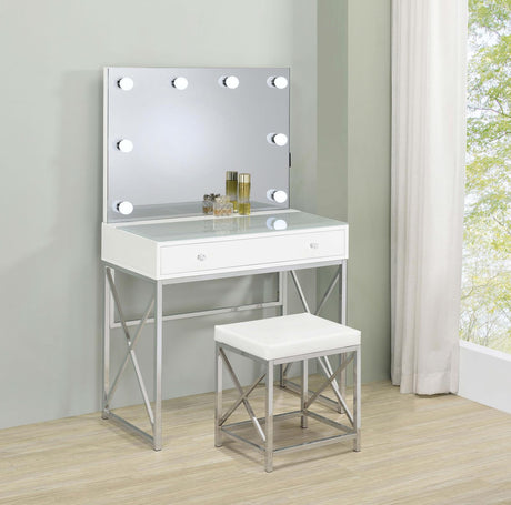Eliza White and Chrome 2-Piece Vanity Set with Hollywood Lighting from Coaster - Luna Furniture