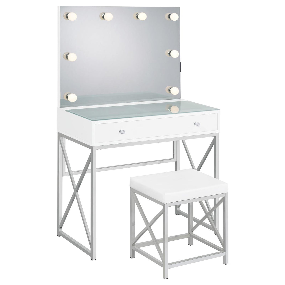 Eliza White and Chrome 2-Piece Vanity Set with Hollywood Lighting from Coaster - Luna Furniture