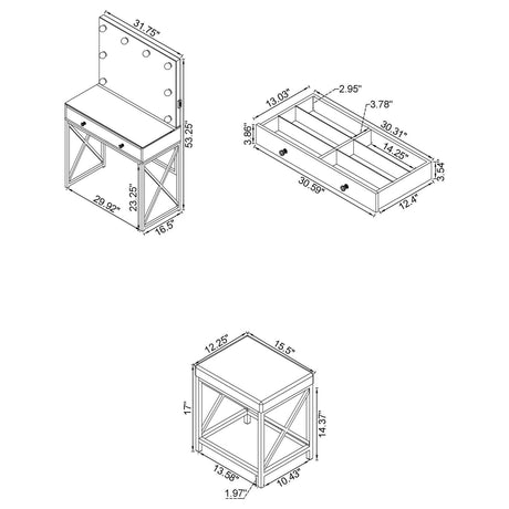 Eliza White and Chrome 2-Piece Vanity Set with Hollywood Lighting from Coaster - Luna Furniture