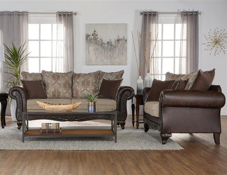 Elmbrook Brown 2-piece Upholstered Rolled Arm Sofa Set with Intricate Wood Carvings from Coaster - Luna Furniture