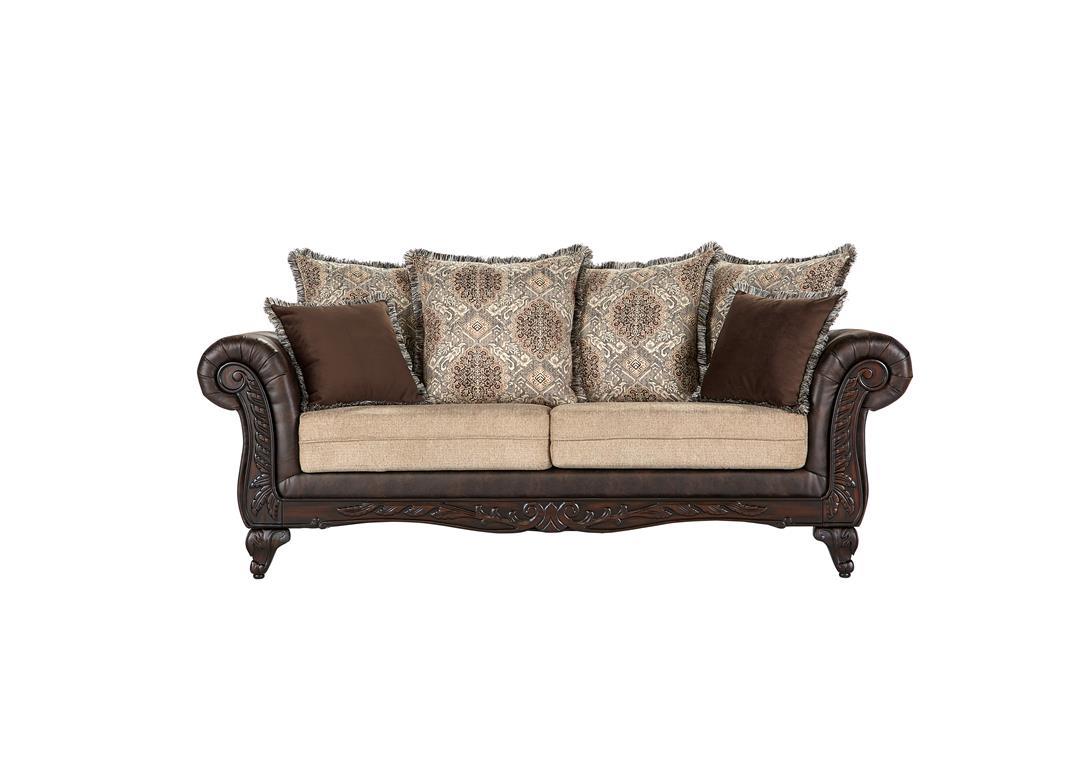 Elmbrook Brown 2-piece Upholstered Rolled Arm Sofa Set with Intricate Wood Carvings from Coaster - Luna Furniture