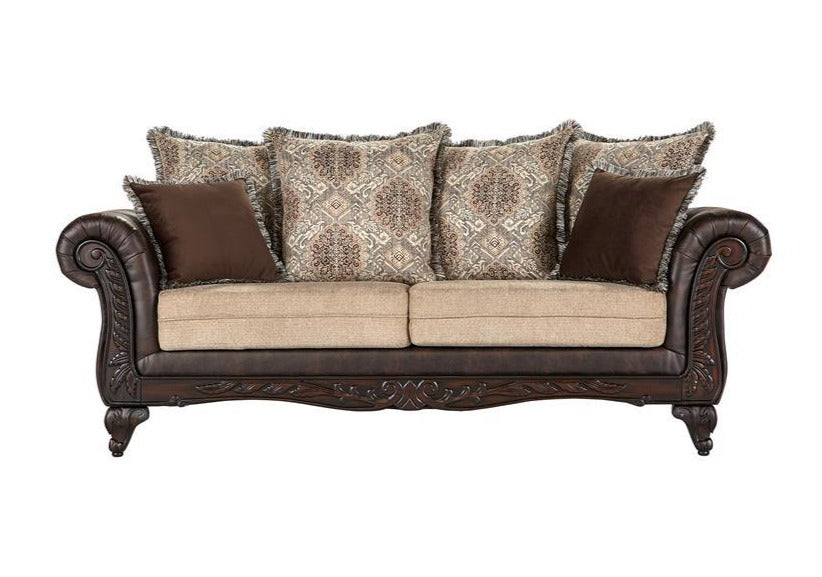 Elmbrook Brown Upholstered Rolled Arm Sofa with Intricate Wood Carvings from Coaster - Luna Furniture