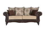 Elmbrook Brown Upholstered Rolled Arm Sofa with Intricate Wood Carvings from Coaster - Luna Furniture