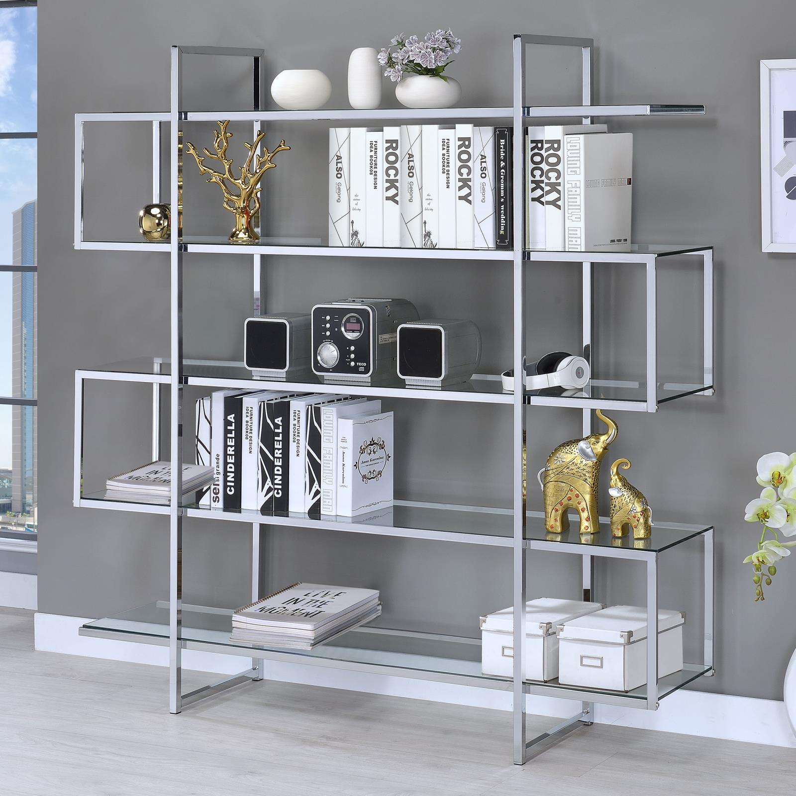 Coaster 5-shelf Bookcase Chrome and Clear - Luna Furniture