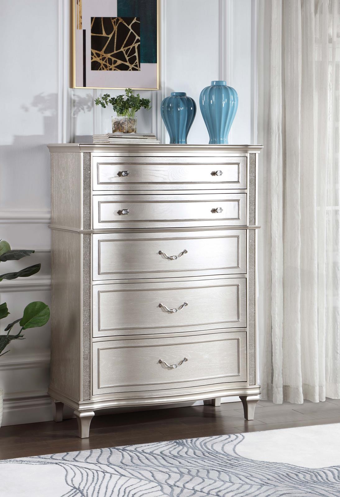 silver tall dresser Bailey Tall Dresser Chest, Mirror Trim And 5 Drawers, Silver Wood