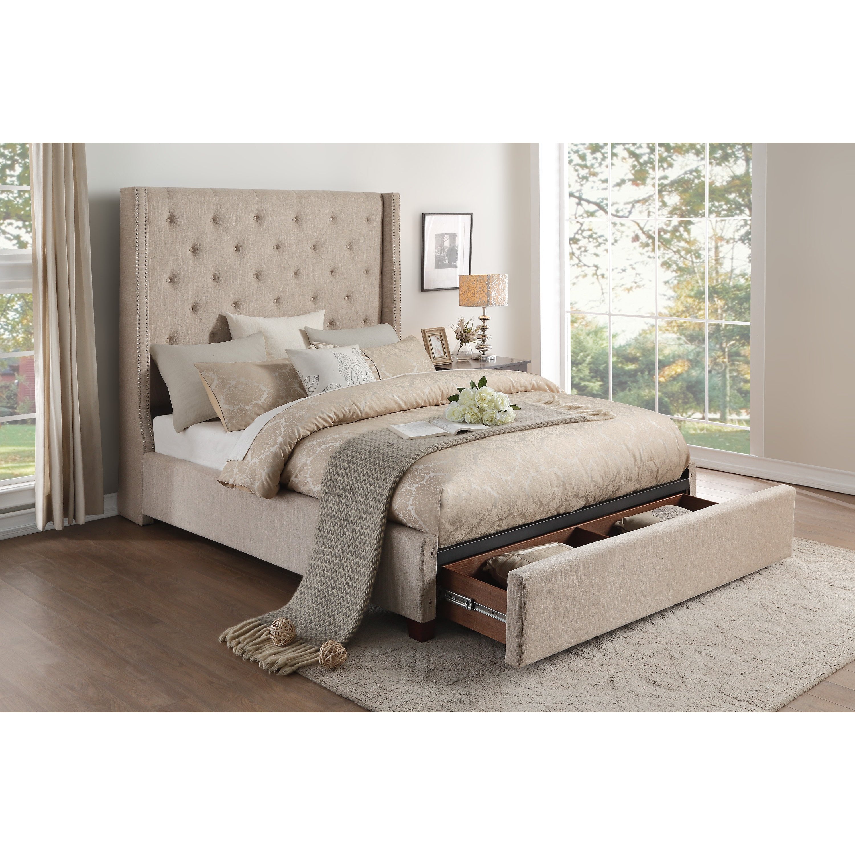 Fairborn Beige Queen Upholstered Storage Platform Bed from Homelegance - Luna Furniture