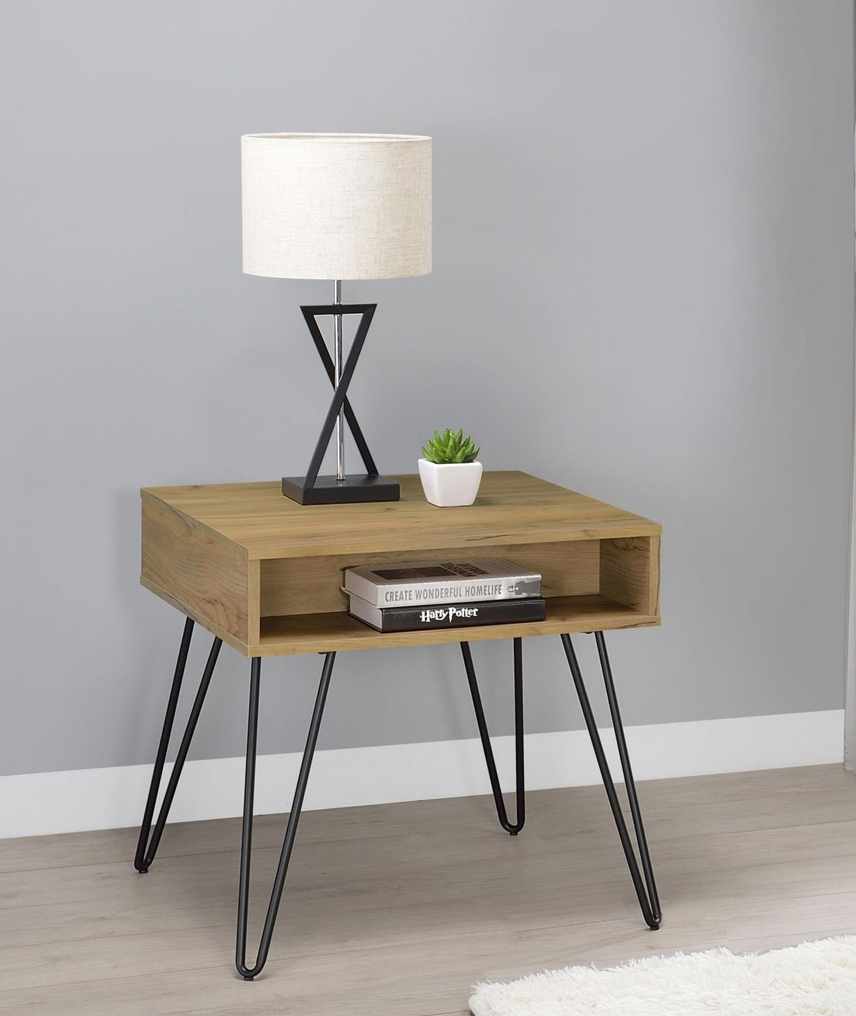 Fanning Golden Oak and Black Square End Table with Open Compartment from Coaster - Luna Furniture
