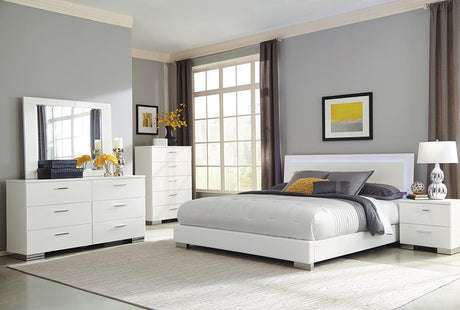 Felicity Glossy White 5-Piece California King Bedroom Set with LED Mirror from Coaster - Luna Furniture