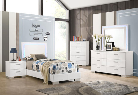 Felicity Glossy White Youth Bedroom Set with LED Lighting from Coaster - Luna Furniture