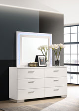 Felicity Glossy White 6-Drawer Dresser with LED Mirror from Coaster - Luna Furniture