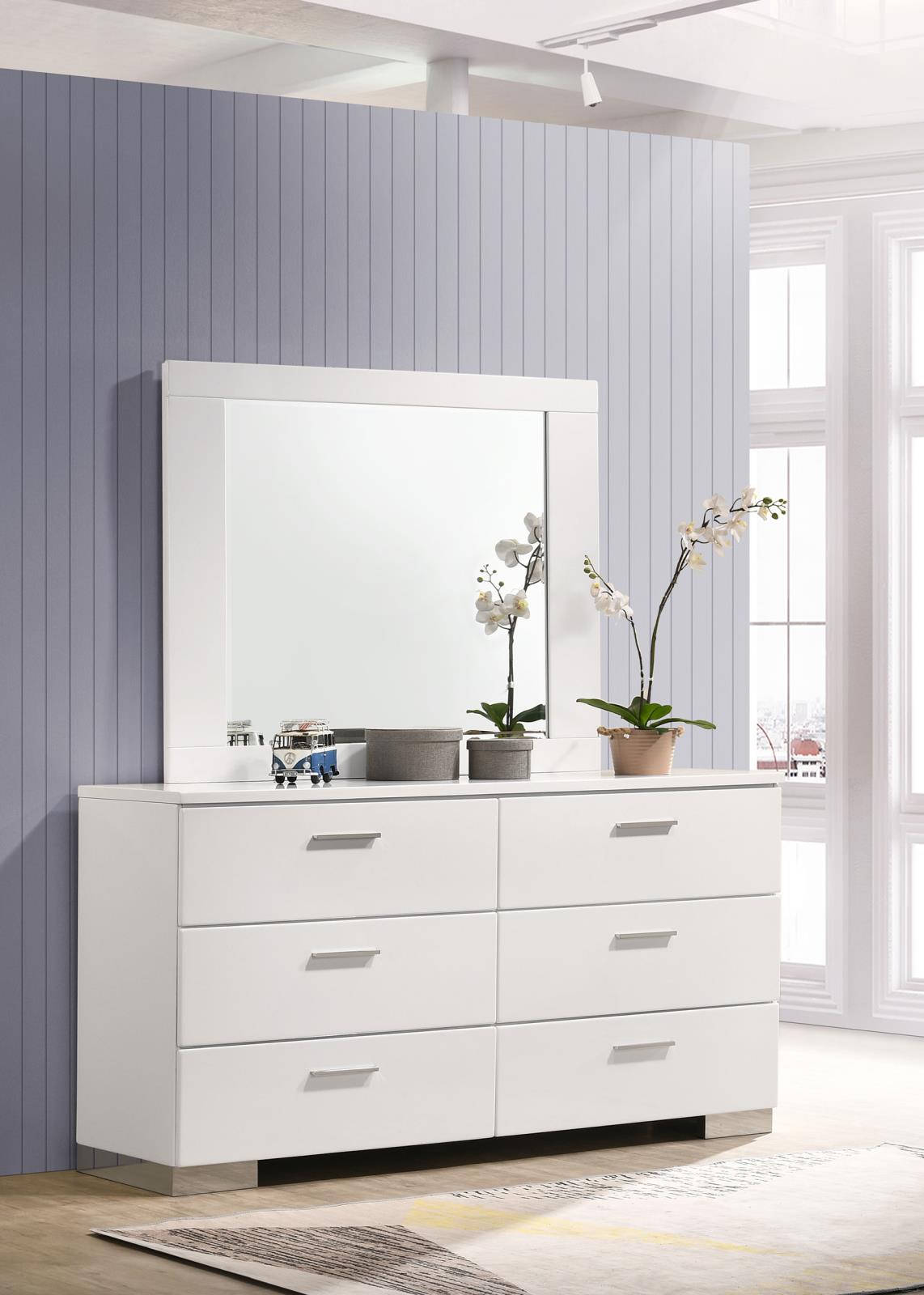 Felicity Glossy White 6-Drawer Dresser with Mirror from Coaster - Luna Furniture