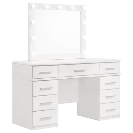 Felicity Glossy White 9-Drawer Vanity Desk with Lighted Mirror from Coaster - Luna Furniture
