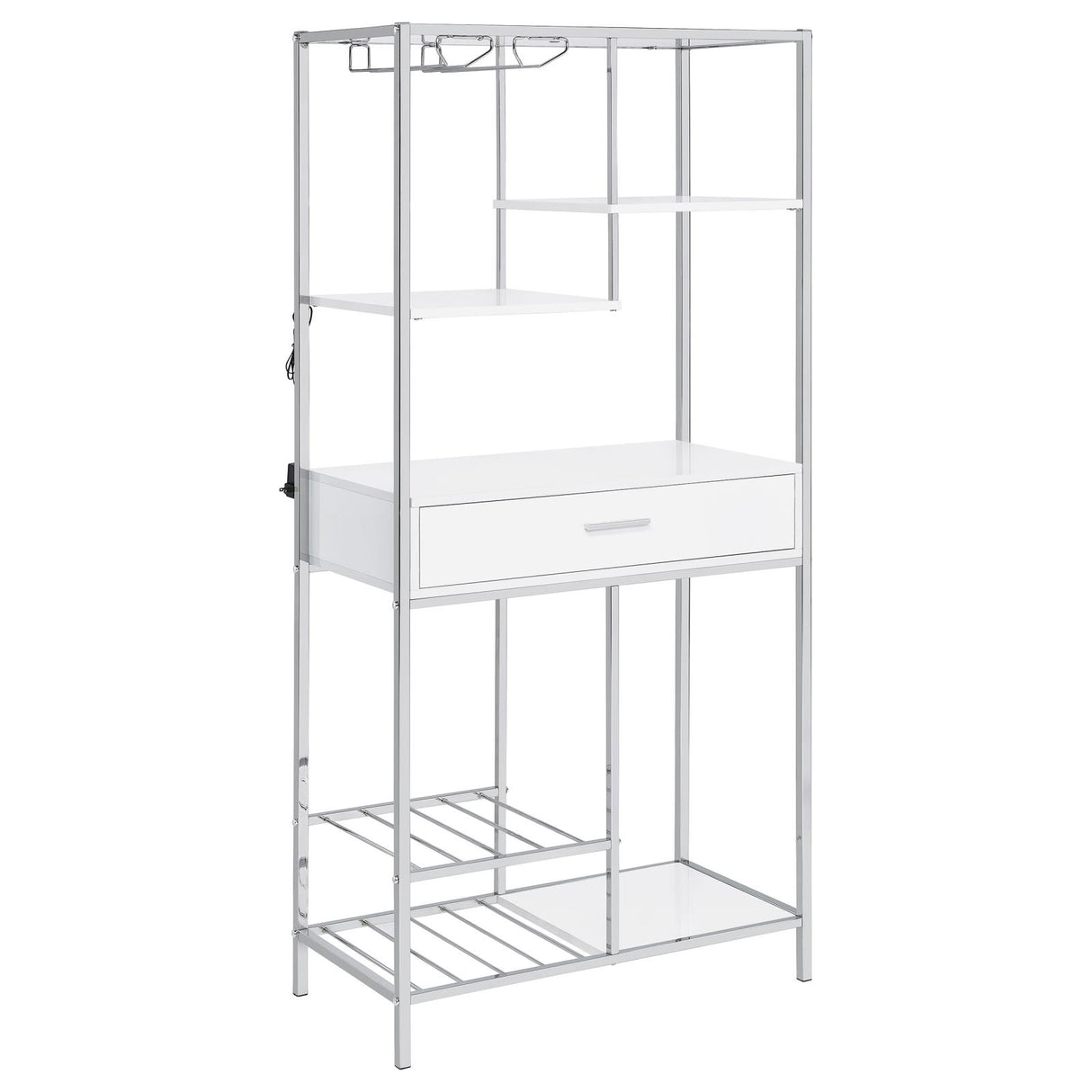 Figueroa White High Gloss and Chrome 5-Shelf Wine Cabinet with Storage Drawer from Coaster - Luna Furniture